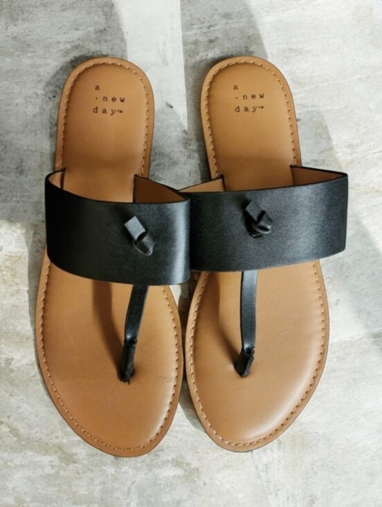 a new day Shoes - a new day Black Faux Leather T-strap Slide Sandals